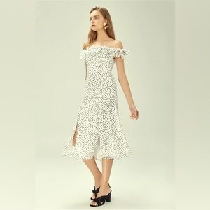 KEEPSAKE THE LABEL MOONSHINE MIDI DRESS IN IVORY W BLACK SPOT